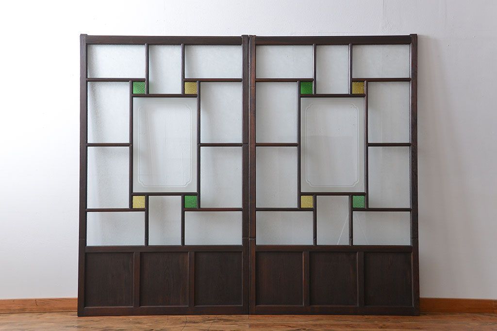 大正ロマン　色ガラス入り幾何学模様の引き戸2枚セット(4)