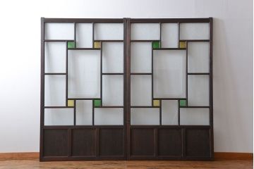 大正ロマン　色ガラス入り幾何学模様の引き戸2枚セット(4)