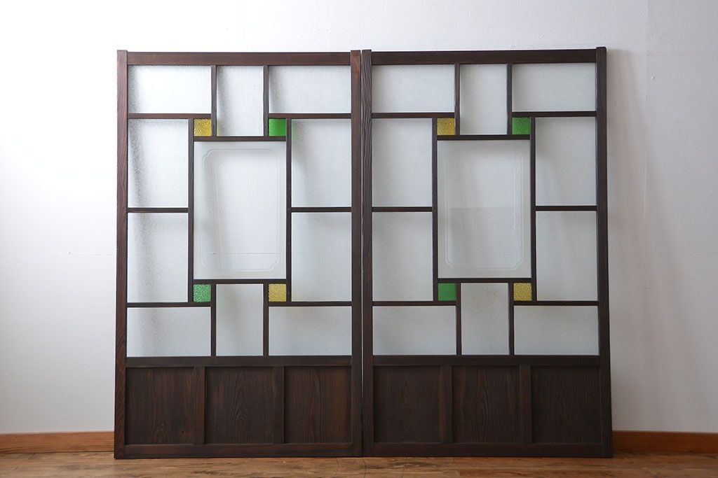 大正ロマン　色ガラス入り幾何学模様の引き戸2枚セット(4)