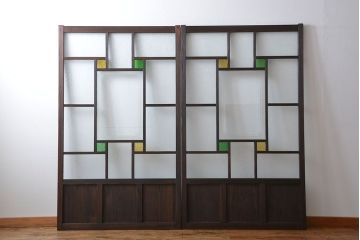 大正ロマン　色ガラス入り幾何学模様の引き戸2枚セット(4)