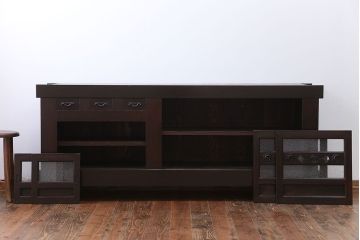 アンティーク家具　古民具・骨董 六尺 結霜ガラス入り!脚付き水屋箪笥ローボード(テレビ台、キャビネット、収納棚)