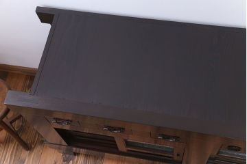 アンティーク家具　古民具・骨董 六尺 結霜ガラス入り!脚付き水屋箪笥ローボード(テレビ台、キャビネット、収納棚)