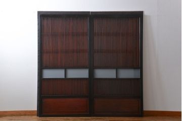 古民具・骨董 シックな裏ガラス入り格子戸2枚セット(1)