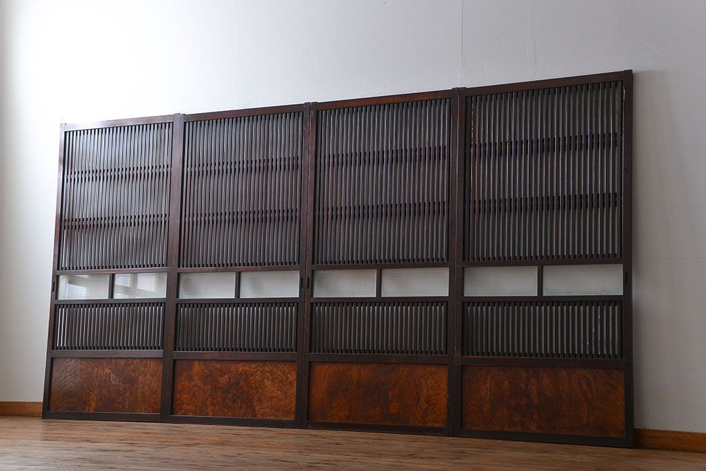 古民具・骨董 杉材!杢目が美しい裏ガラス付き格子戸4枚セット