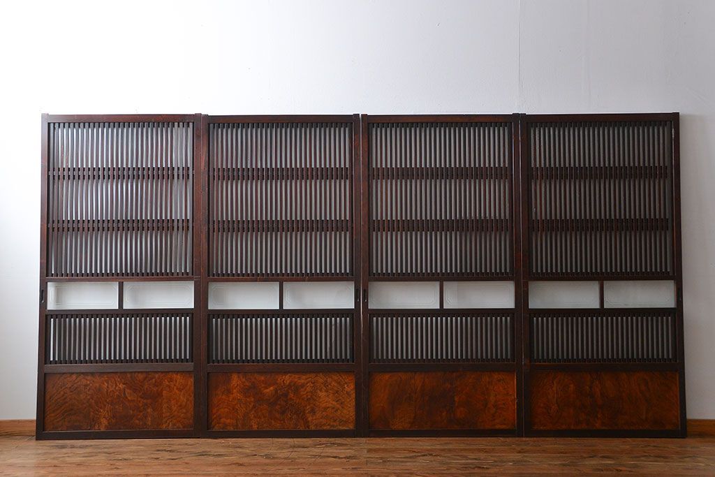 古民具・骨董 杉材!杢目が美しい裏ガラス付き格子戸4枚セット