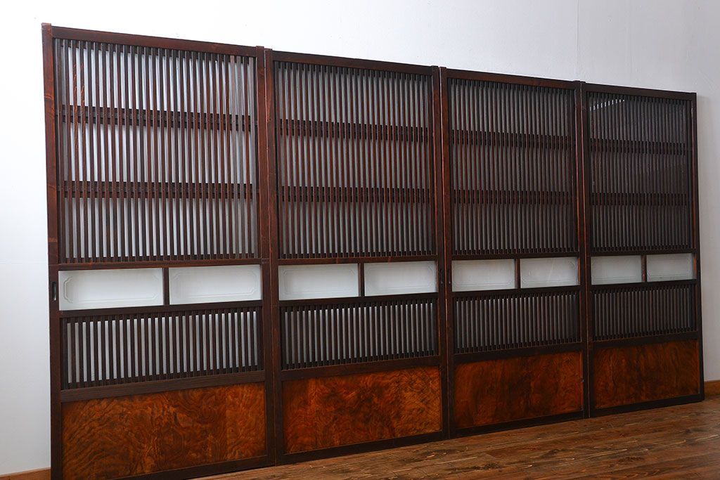 古民具・骨董 杉材!杢目が美しい裏ガラス付き格子戸4枚セット