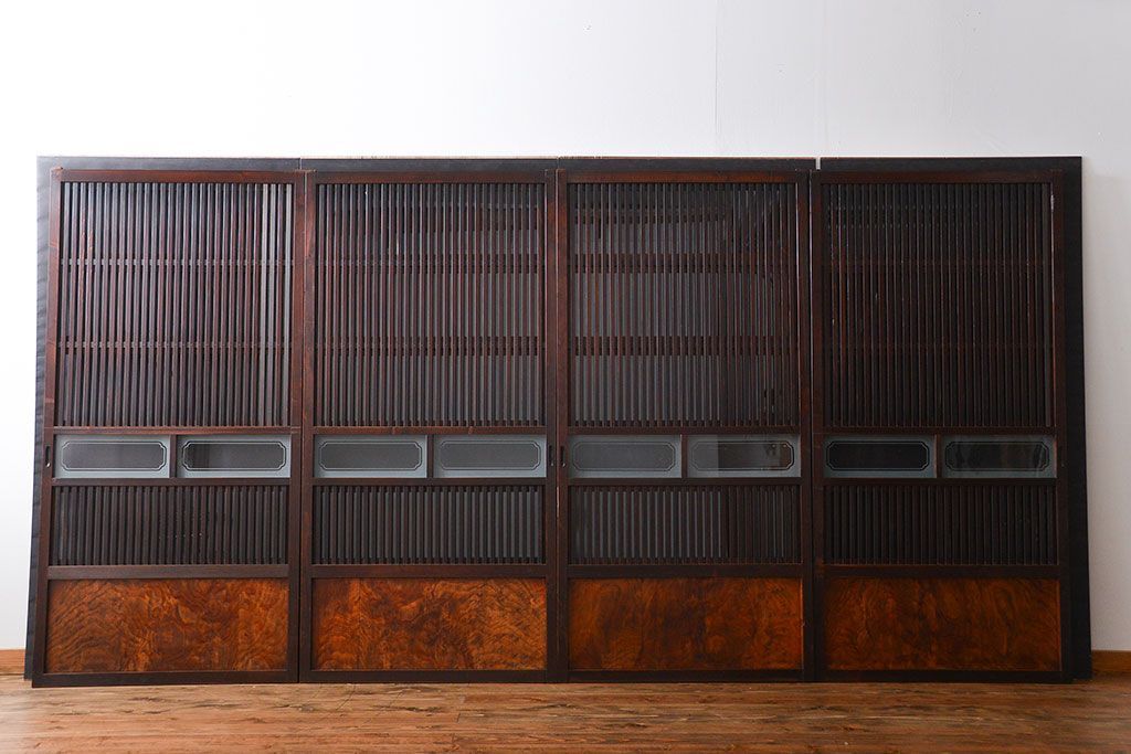 古民具・骨董 杉材!杢目が美しい裏ガラス付き格子戸4枚セット