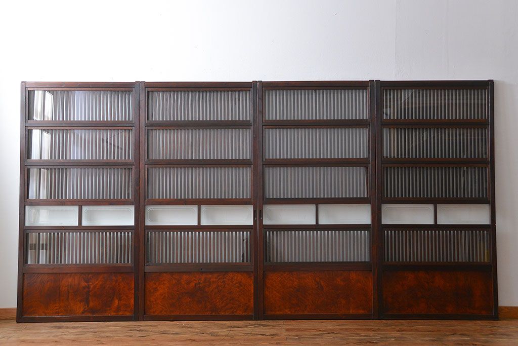 古民具・骨董 杉材!杢目が美しい裏ガラス付き格子戸4枚セット