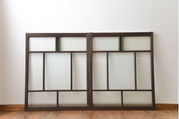 大正ロマン　当時物色ガラス入りモダンなガラス戸2枚セット(窓)