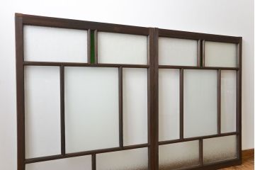 大正ロマン　当時物色ガラス入りモダンなガラス戸2枚セット(窓)
