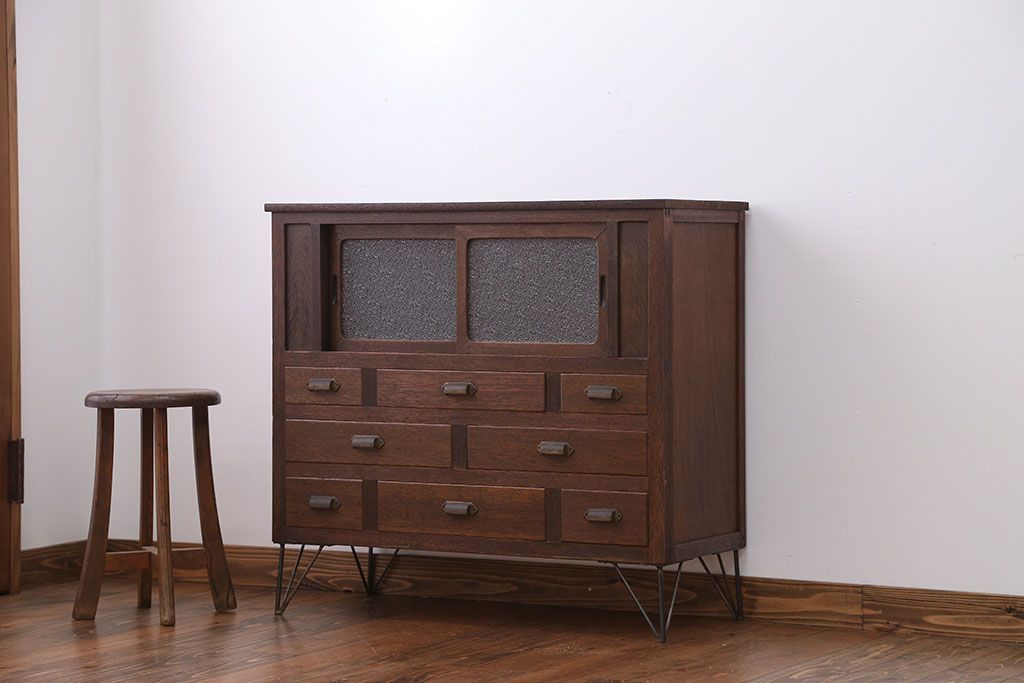 アンティーク家具　和製アンティーク　ダイヤガラス入り!引き出しいっぱい収納棚