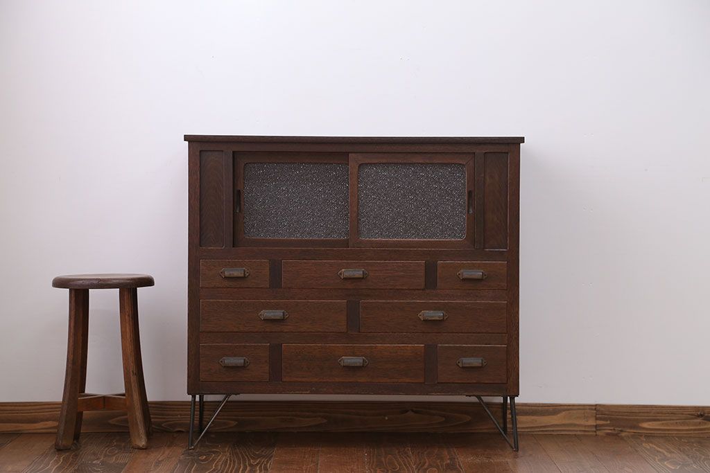 アンティーク家具　和製アンティーク　ダイヤガラス入り!引き出しいっぱい収納棚