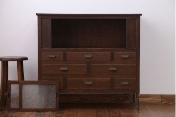 アンティーク家具　和製アンティーク　ダイヤガラス入り!引き出しいっぱい収納棚