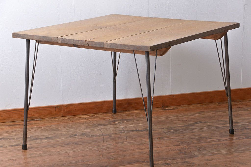 アンティーク家具　アンティーク　天板ナラ材!鉄脚テーブル