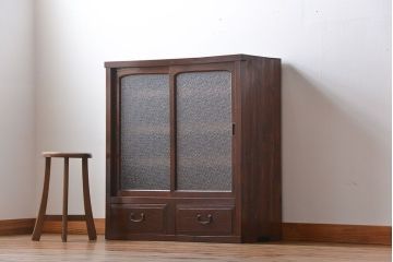 レトロ家具　昭和レトロ　前面栗材　ダイヤガラス入り収納棚(2)