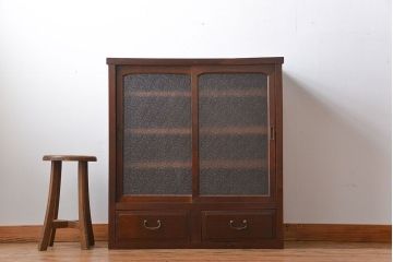 レトロ家具　昭和レトロ　前面栗材　ダイヤガラス入り収納棚(2)