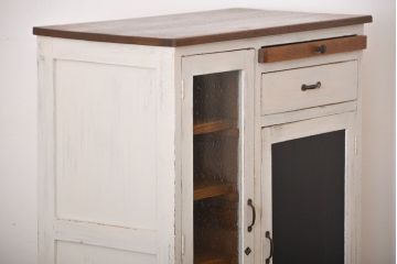 アンティーク家具　黒板扉付き!おうちカフェ風　気泡ガラス入り脚付き収納戸棚