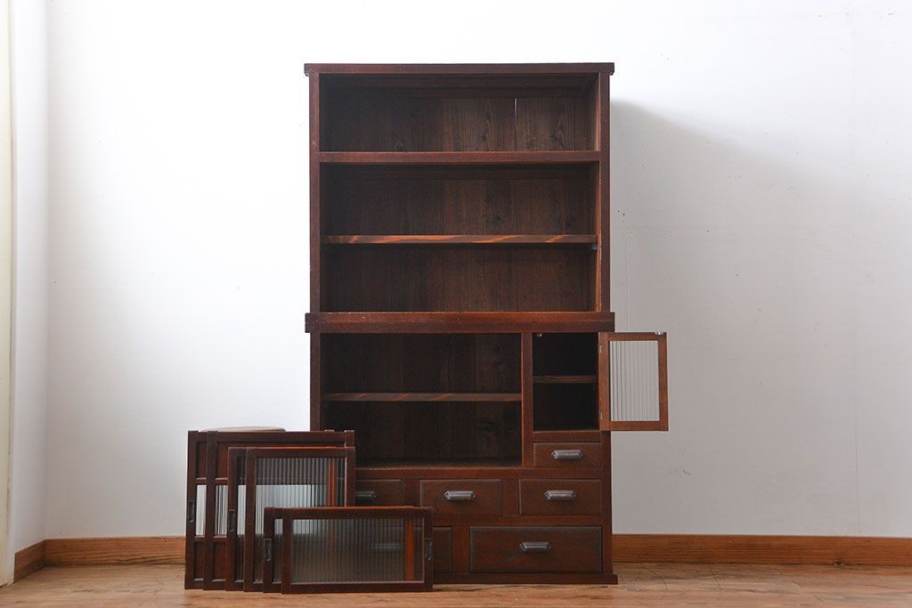 レトロ家具　昭和レトロ　モールガラス入り　重ね食器棚