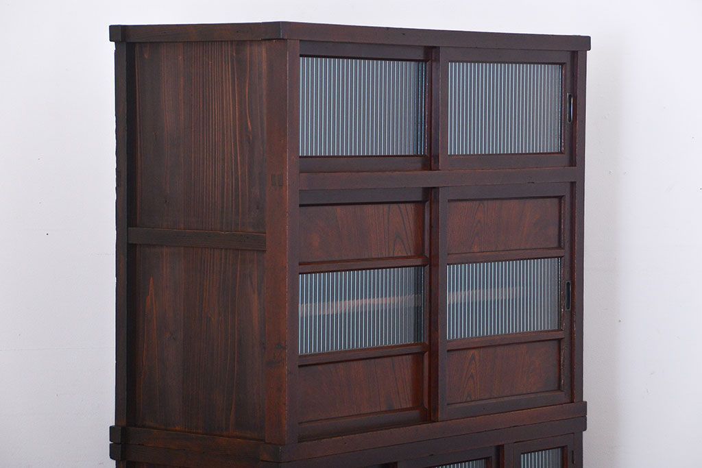 レトロ家具　昭和レトロ　モールガラス入り　重ね食器棚