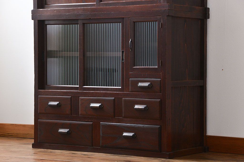 レトロ家具　昭和レトロ　モールガラス入り　重ね食器棚