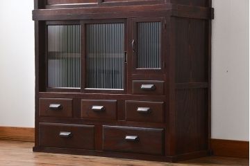 レトロ家具　昭和レトロ　モールガラス入り　重ね食器棚