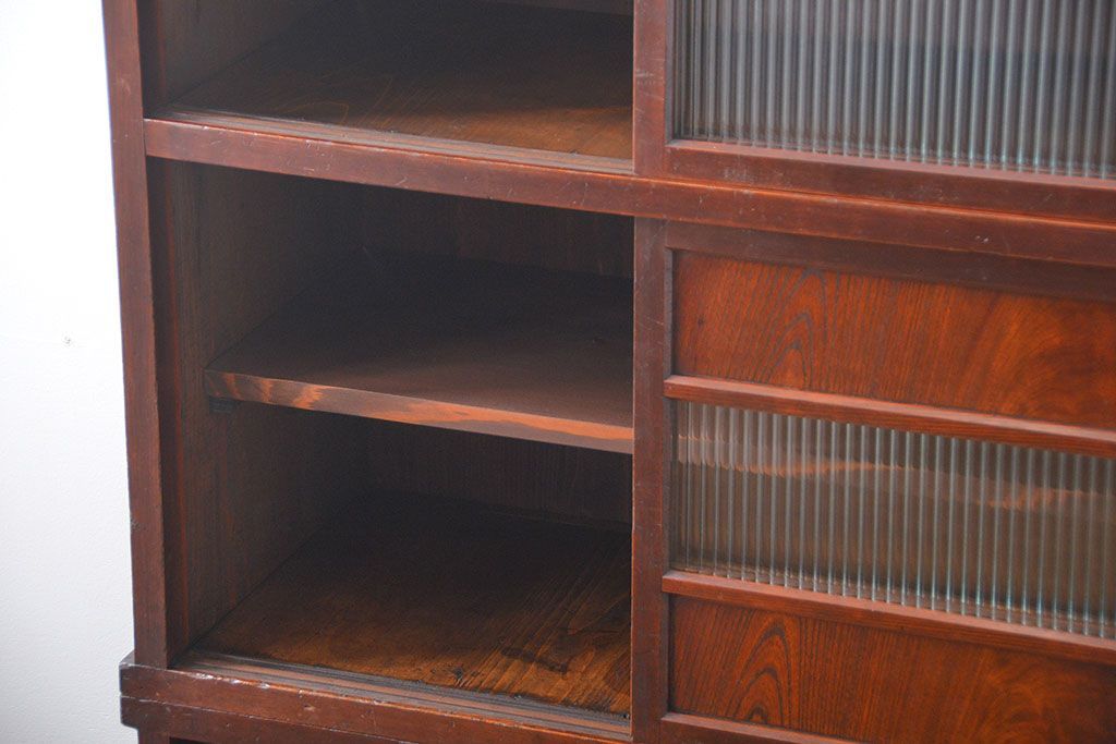 レトロ家具　昭和レトロ　モールガラス入り　重ね食器棚