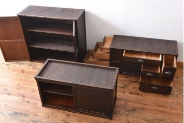 アンティーク家具　三方栗材　変わり型　上品な三段重ね箪笥