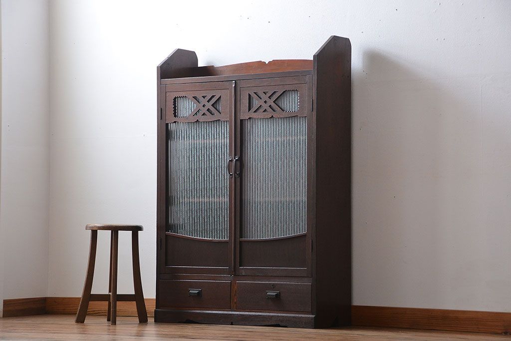 アンティーク家具　大正ロマン　銀モールガラス入り本箱