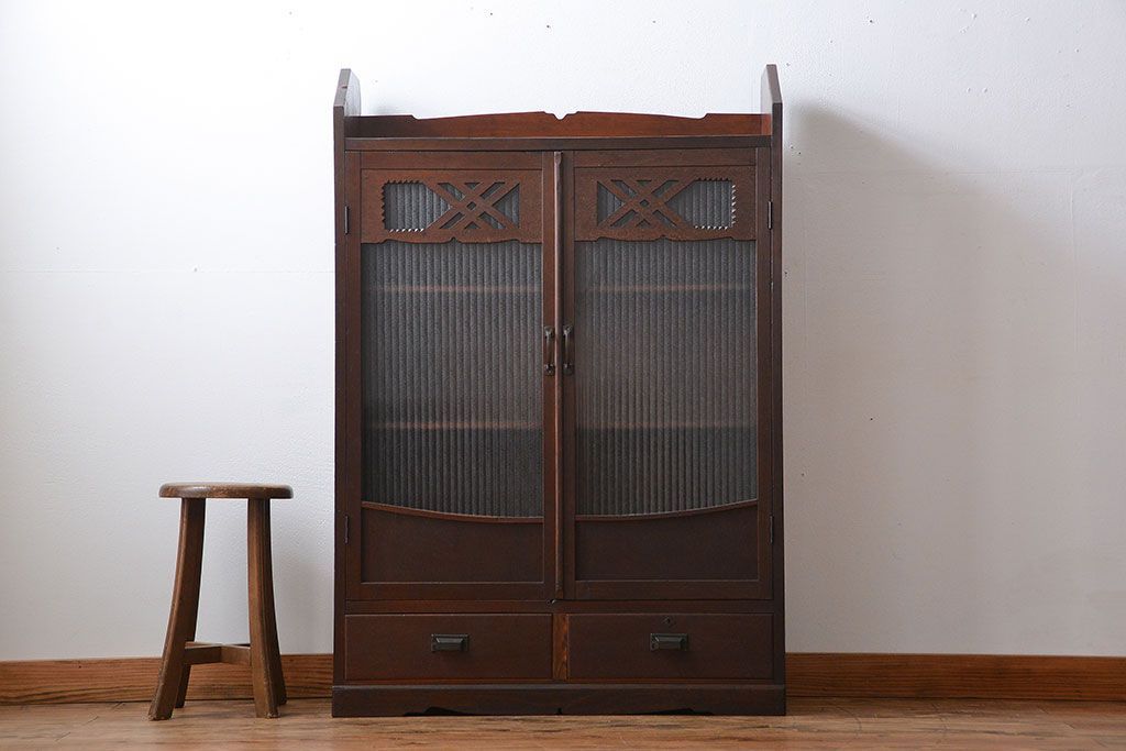 アンティーク家具　大正ロマン　銀モールガラス入り本箱