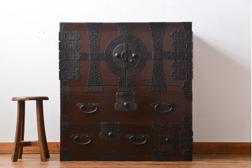 アンティーク家具　古民具・骨董　総欅材!観音開き重ね時代箪笥