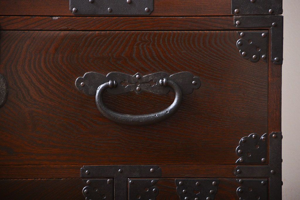 アンティーク家具　古民具・骨董　総欅材!観音開き重ね時代箪笥