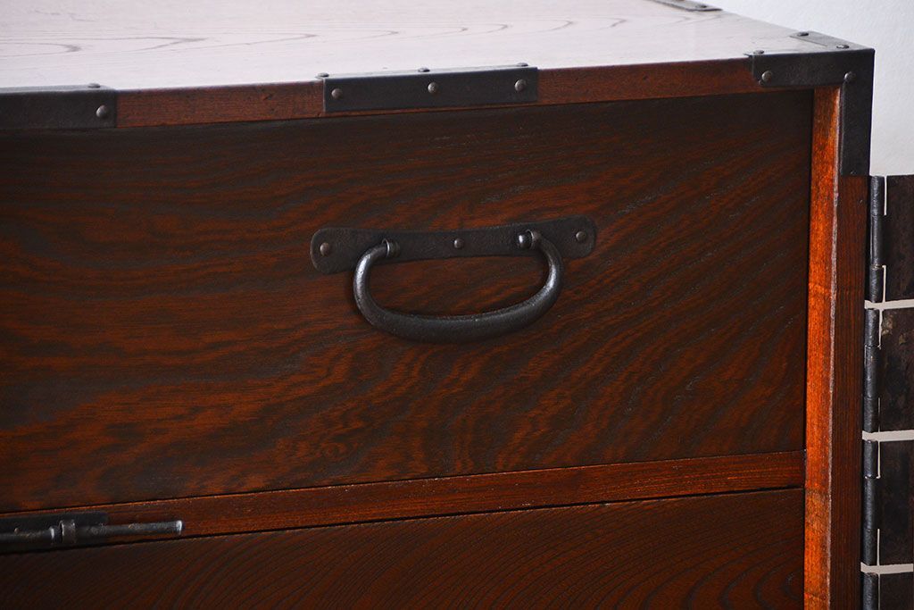 アンティーク家具　古民具・骨董　総欅材!観音開き重ね時代箪笥