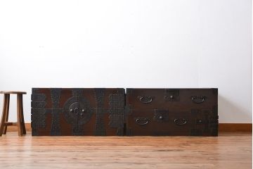 アンティーク家具　古民具・骨董　総欅材!観音開き重ね時代箪笥