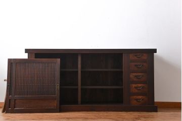 アンティーク家具　モダンな縦桟引き戸水屋箪笥サイドボード(2)