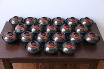 大正〜昭和初期 ふくら雀蒔絵の木製お椀 20客(漆器)
