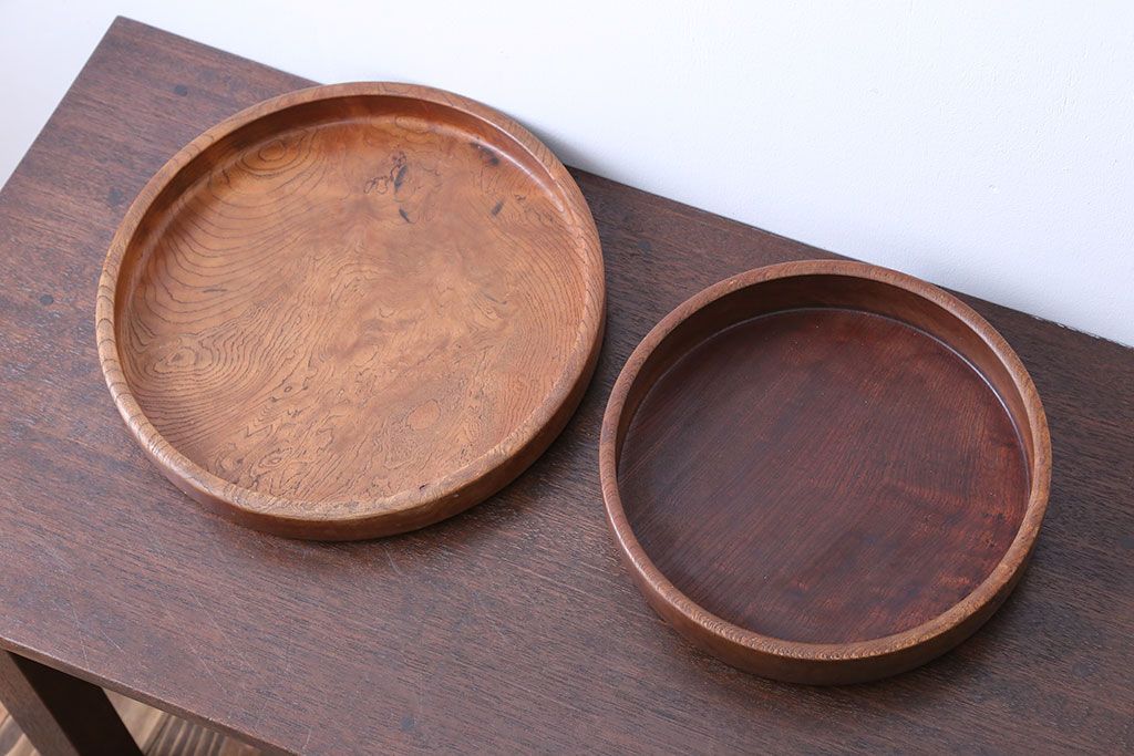 欅無垢 刳り貫き時代丸盆 2点セット(玉杢)