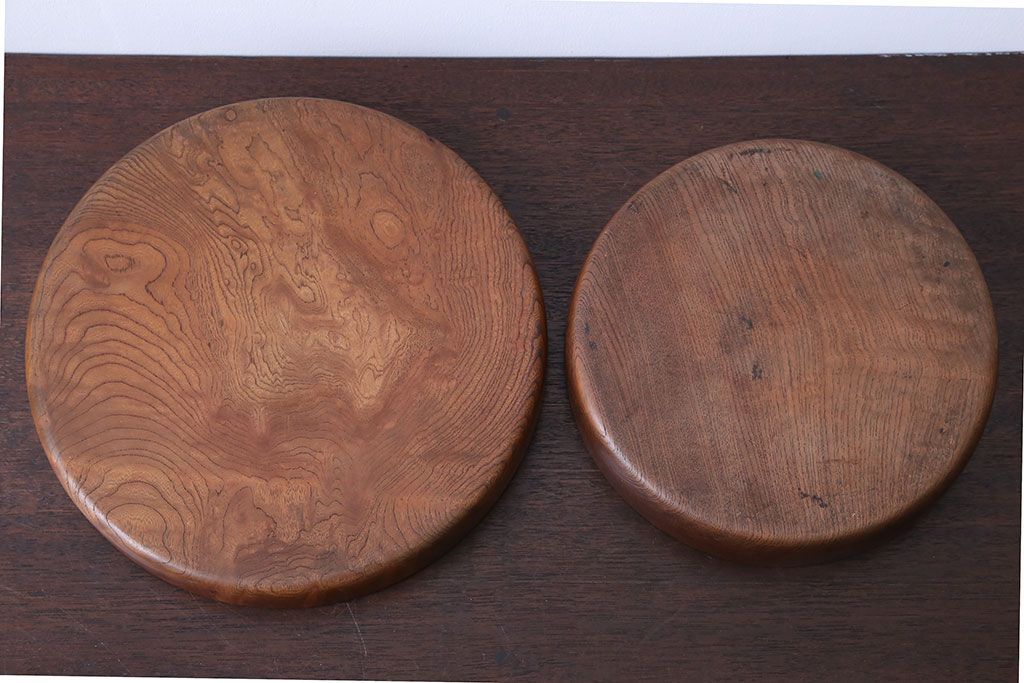 欅無垢 刳り貫き時代丸盆 2点セット(玉杢)