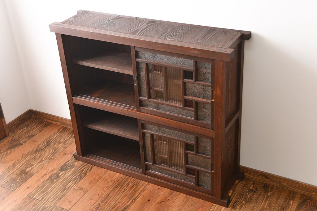 アンティーク家具　大正ロマン　当時物色ガラス入り収納棚