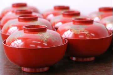 大正〜昭和初期 古い蒔絵の朱塗木製お椀10客
