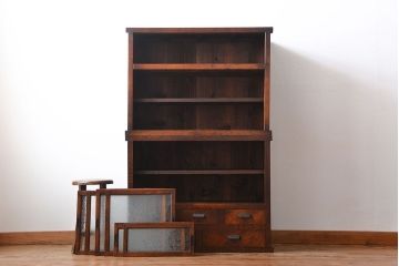 アンティーク家具　アンティーク　前面欅材　グルーチップガラス食器棚