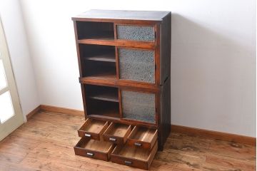 アンティーク家具　アンティーク　前面欅材　グルーチップガラス食器棚
