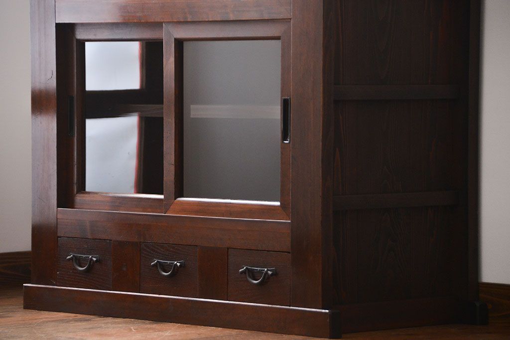 アンティーク家具　古民具・骨董　ガラス戸三尺水屋箪笥サイドボード