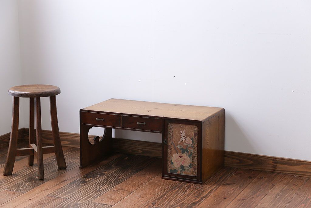 レトロ家具　昭和レトロ　牡丹の戸棚付き文机