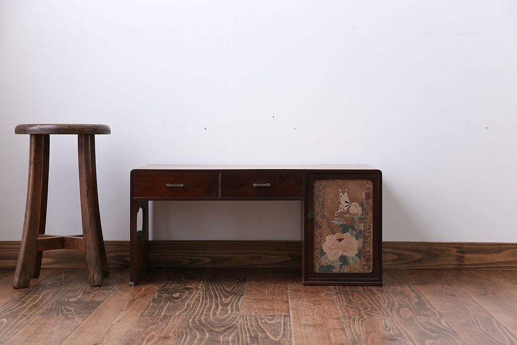 レトロ家具　昭和レトロ　牡丹の戸棚付き文机