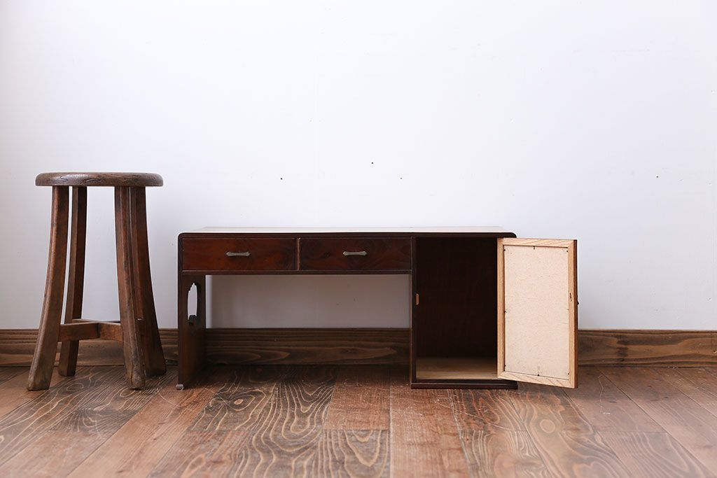 レトロ家具　昭和レトロ　牡丹の戸棚付き文机