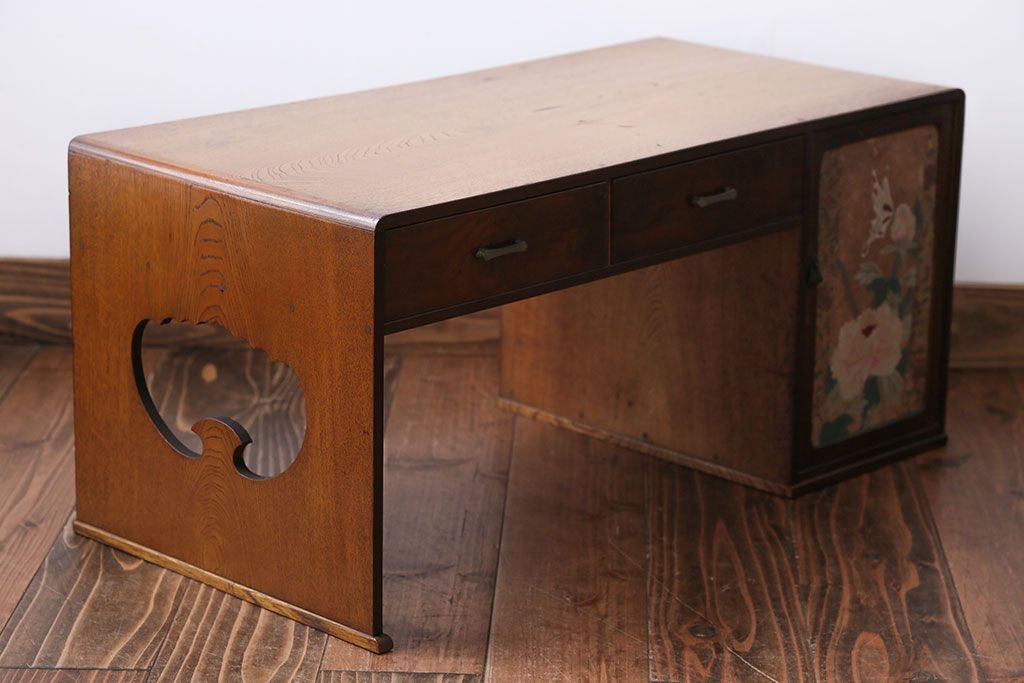 レトロ家具　昭和レトロ　牡丹の戸棚付き文机