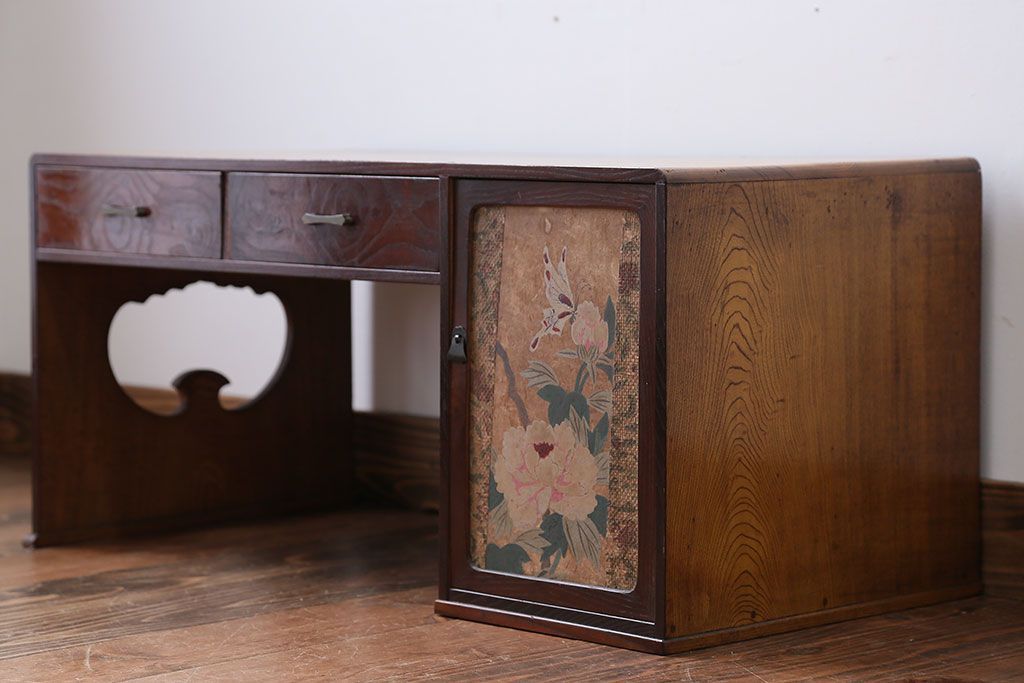 レトロ家具　昭和レトロ　牡丹の戸棚付き文机