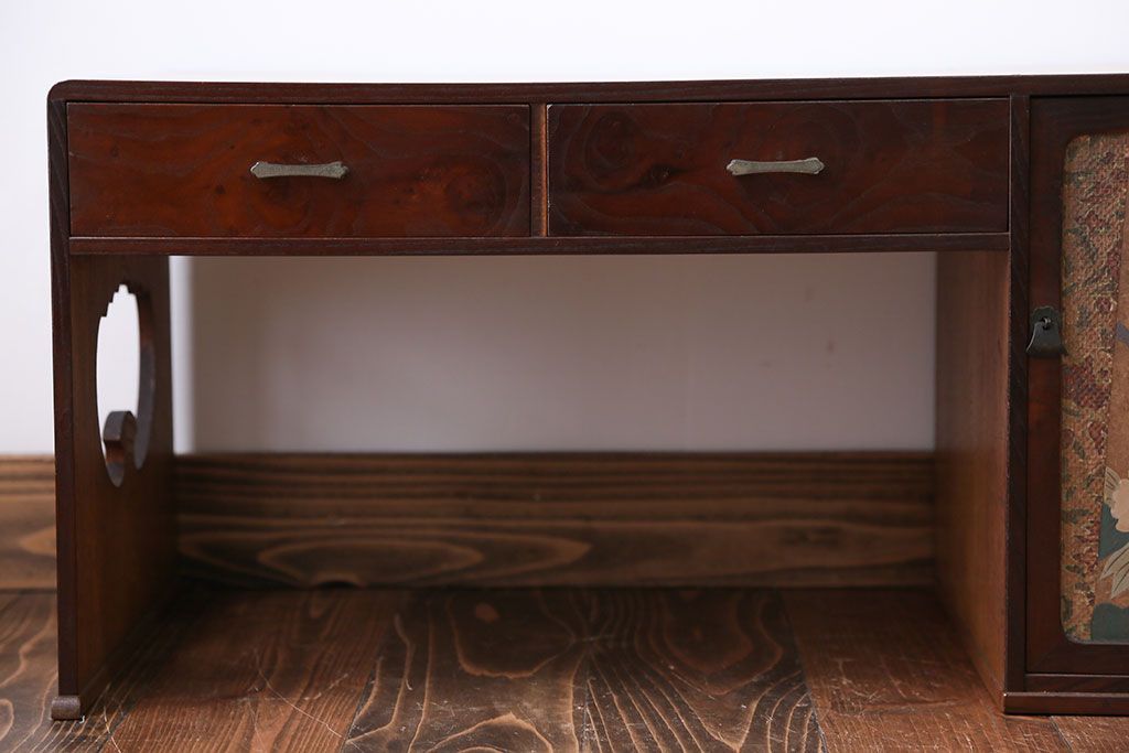 レトロ家具　昭和レトロ　牡丹の戸棚付き文机