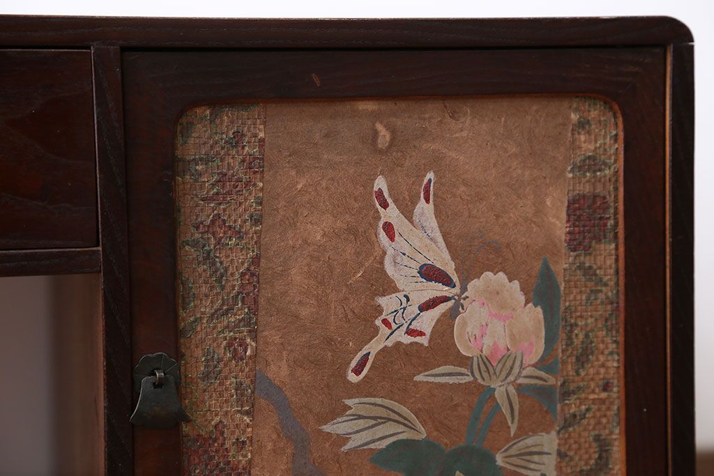 レトロ家具　昭和レトロ　牡丹の戸棚付き文机