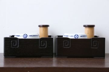 アンティーク雑貨　古い唐木煙草盆1対(火入れ、竹筒)(2)